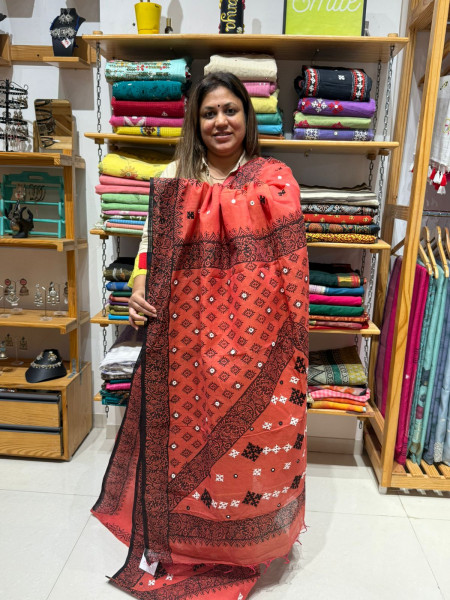 Handblock Print Cotton Saree with Gujrati Handwork