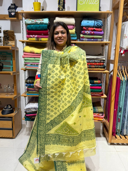Handblock Print Cotton Saree with Gujrati Handwork