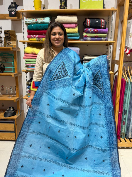 Handblock Print Cotton Saree with Gujrati Handwork