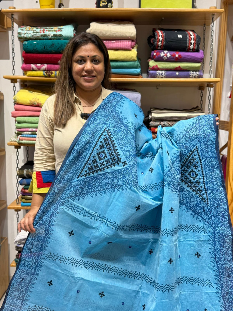 Image of Handblock Print Cotton Saree with Gujrati Handwork