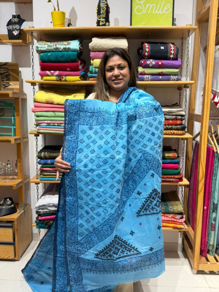 Handblock Print Cotton Saree with Gujrati Handwork