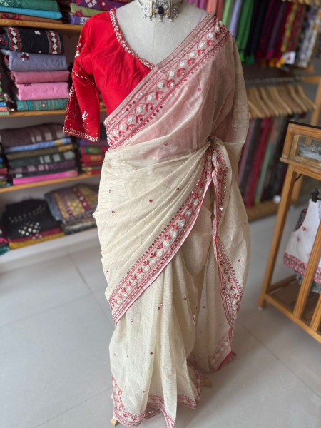 Zari Checks Cotton Saree with Pearl work