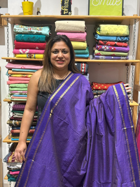 Blended Cotton Checks Saree - PURPLE