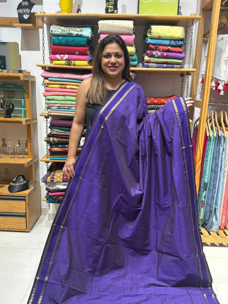Blended Cotton Checks Saree - PURPLE