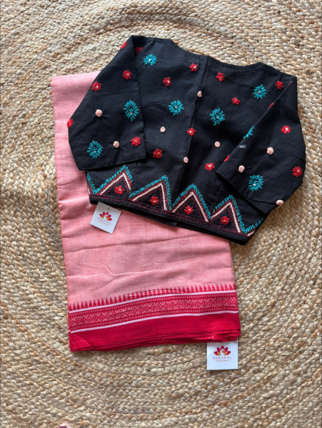 Cotton saree with hand embroidered Free Size Blouse