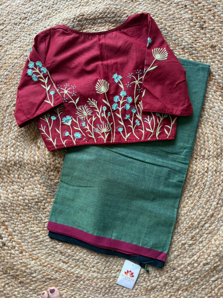Cotton saree with machine embroidered  Blouse