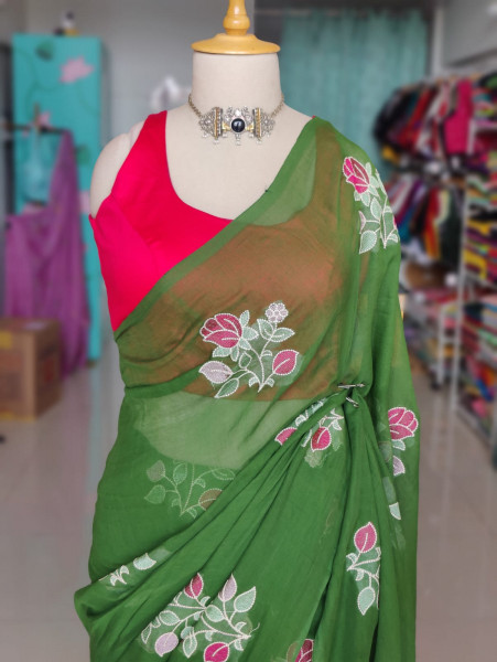 Machine Embroidered Mul Saree |No blouse piece