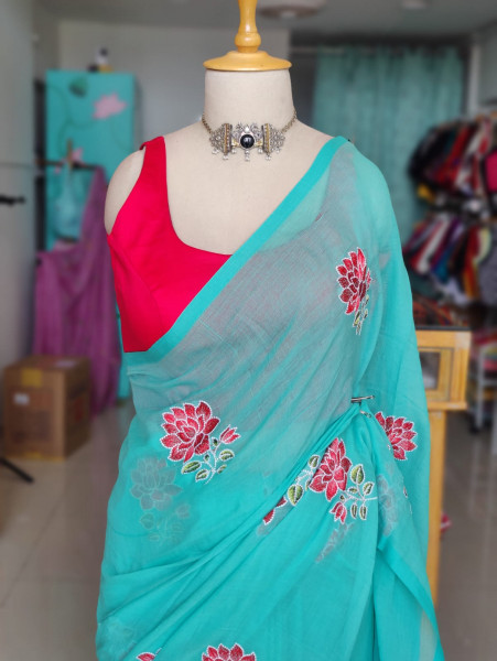 Machine Embroidered Mul Saree