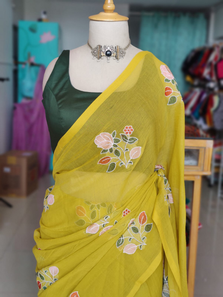 Image of Machine Embroidered Mul Saree|No blouse piece