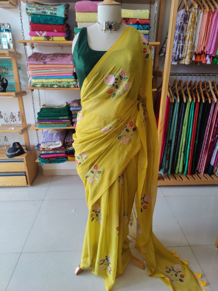 Machine Embroidered Mul Saree|No blouse piece