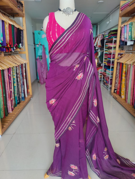 Gota Patti Lotus Work on Mul cotton Saree - Purple -NO BLOUSE PIECE