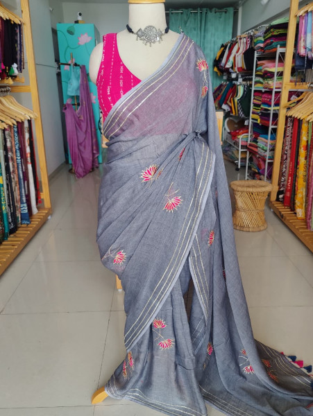 Gota Patti Lotus Work on Mul cotton Saree - Grey- NO BLOUSE PIECE