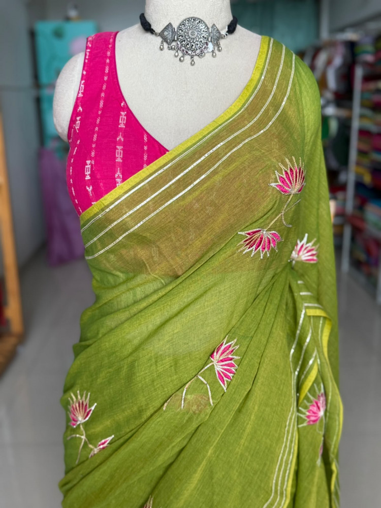 Image of Gota Patti Lotus Work on Mul cotton Saree - NO BLOUSE PIECE