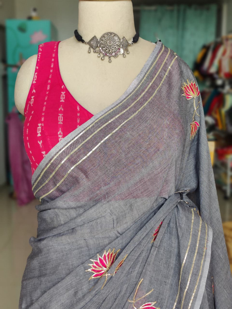 Image of Gota Patti Lotus Work on Mul cotton Saree - Grey- NO BLOUSE PIECE