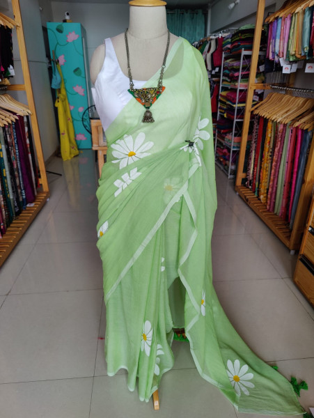 Sunflower Handpainted Mul saree