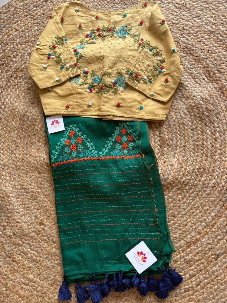 Image of Gujrati Work Mul Saree with FREE SIZE Ready Blouse