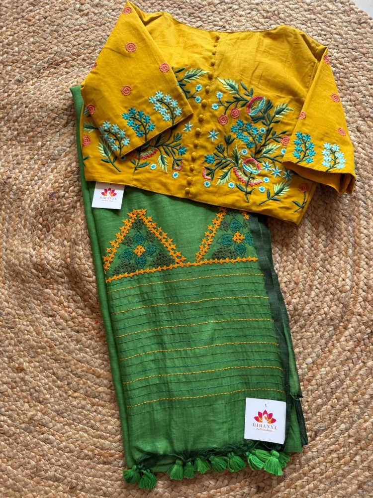 Image of Gujrati Work Mul Saree with Ready Blouse