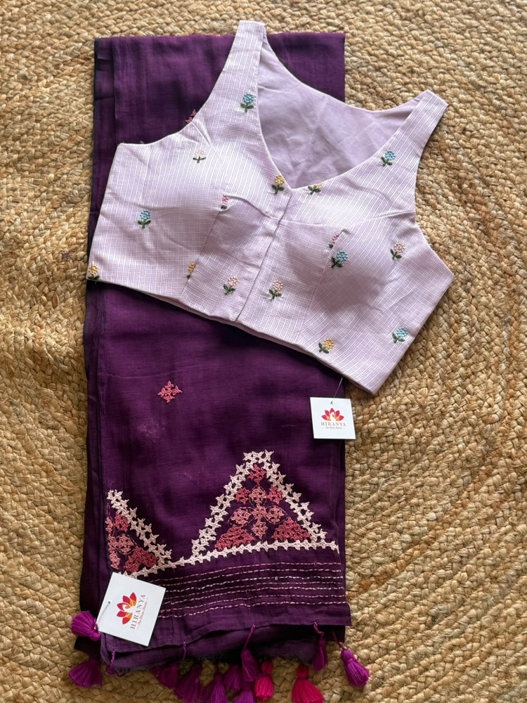 Image of Gujrati Work Mul Saree with FREE SIZE Ready Blouse