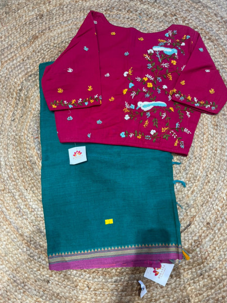 COMBO-Dhaniakhali Handloom Cotton Saree with Free SIZE Hand Embroidered Blouse
