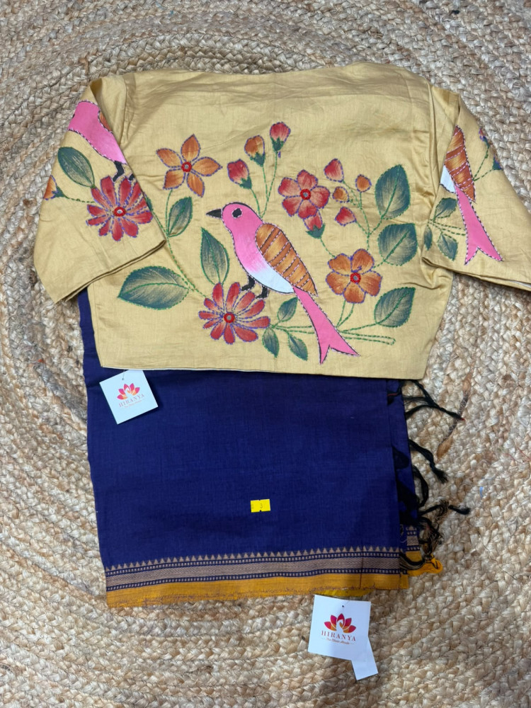 Image of COMBO-Dhaniakhali Handloom Cotton Saree with Free SIZE Hand PAINTED Blouse