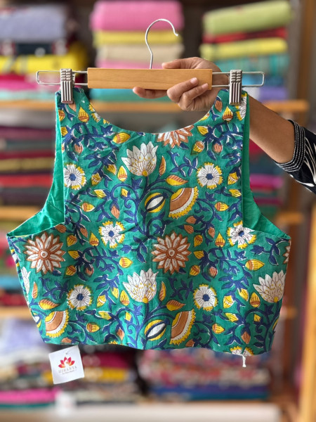 Handblock printed Sleeveless Padded Blouse - FREE SIZE