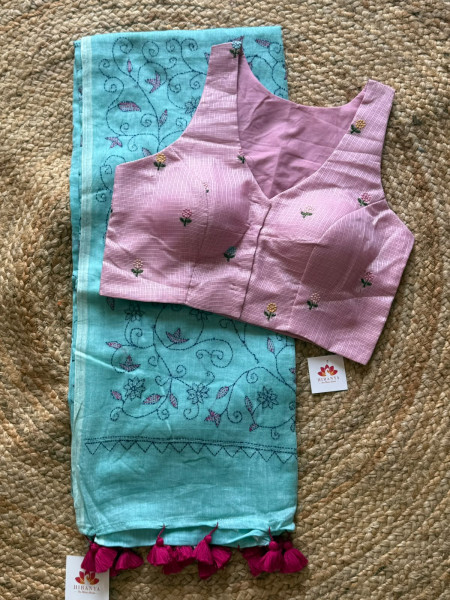 Combo - Kantha Stitch Mul Saree with Free Size Kota Silk Embroidered Blouse