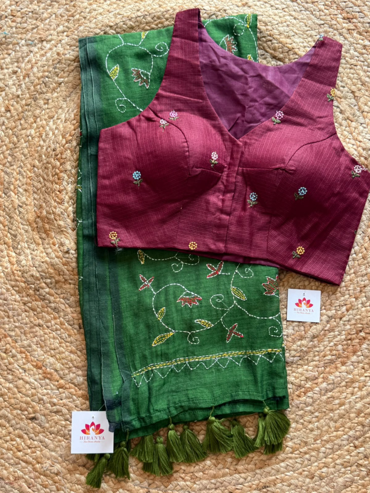 Image of Combo - Kantha Stitch Mul Saree with Free Size Kota Silk Embroidered Blouse