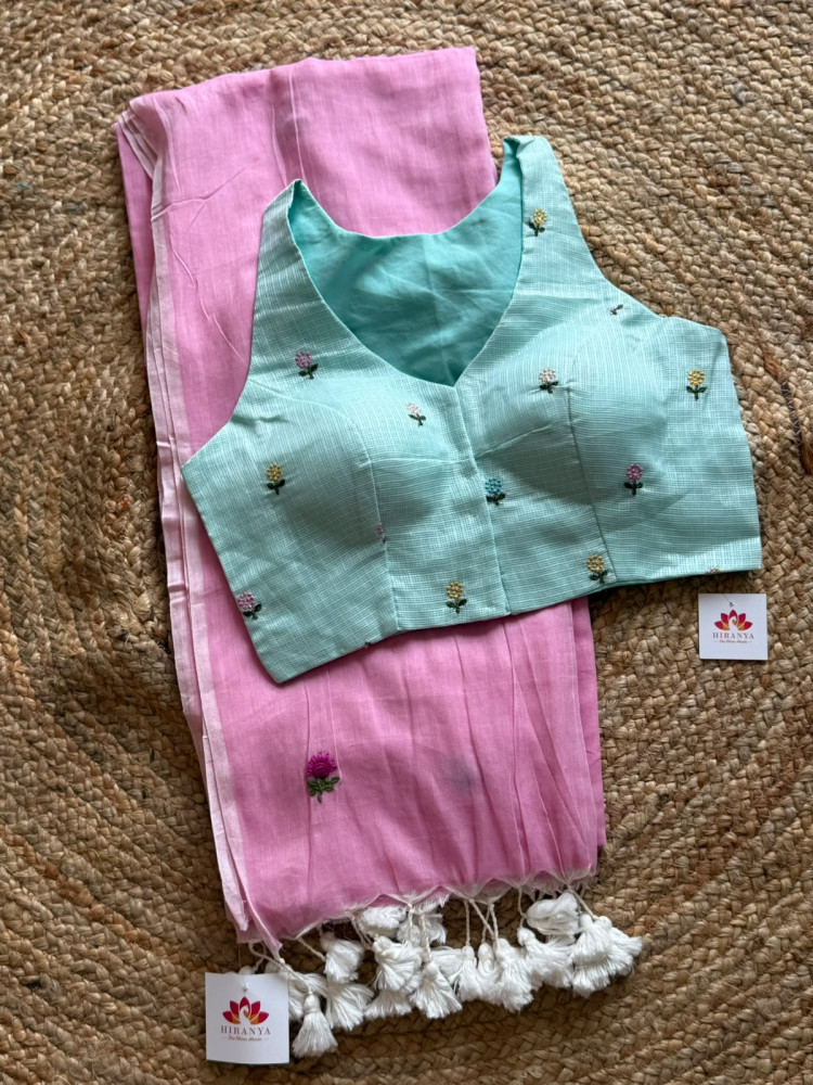 Image of Combo - Hand Embroidered Mul Saree with Free Size Kota Silk Embroidered Blouse