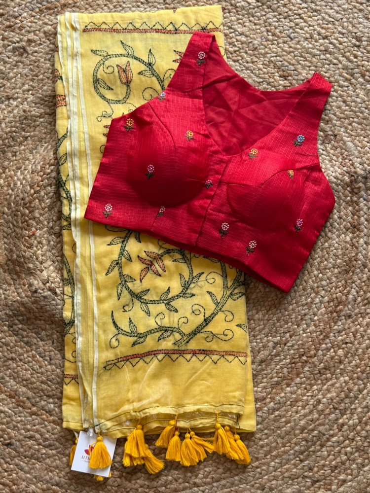 Image of Combo - Kantha Stitch Mul Saree with Free Size Kota Silk Embroidered Blouse