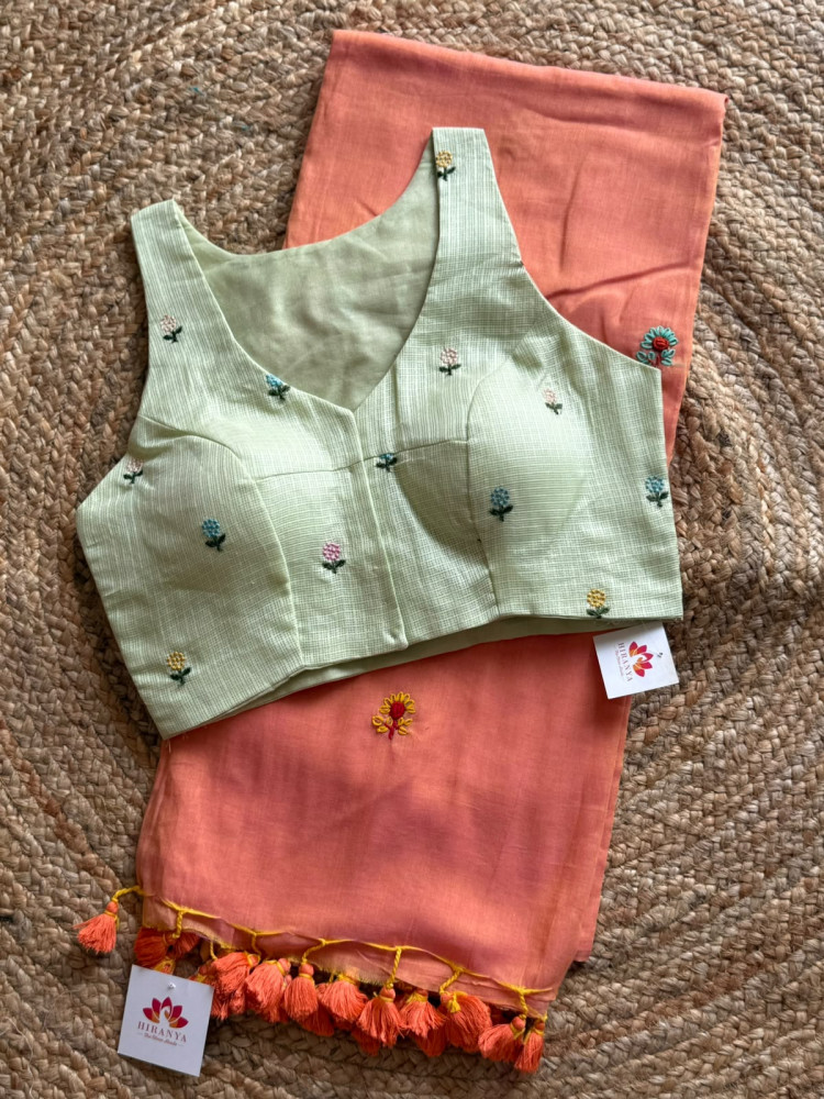 Image of Combo - Hand Embroidered Mul Saree with Free Size Kota Silk Embroidered Blouse