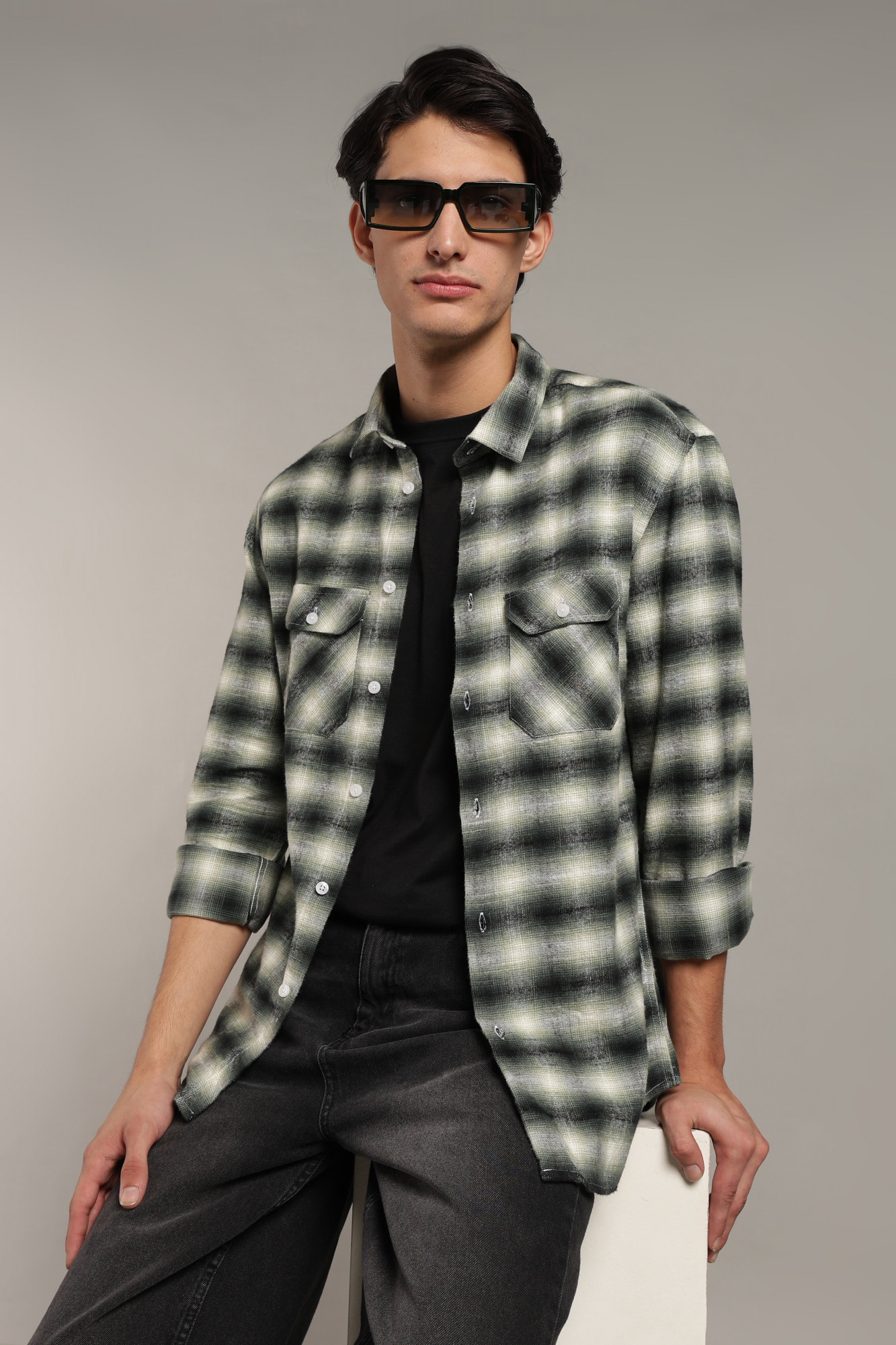 The Brushed Check Twill Shirt  Black  Ivory