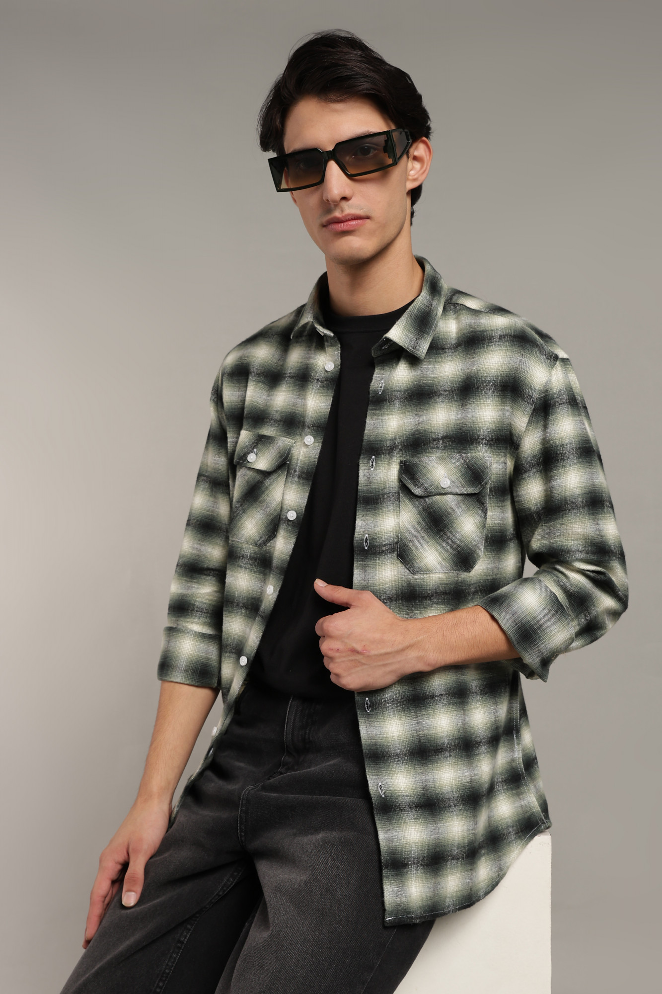 The Brushed Check Twill Shirt  Black  Ivory