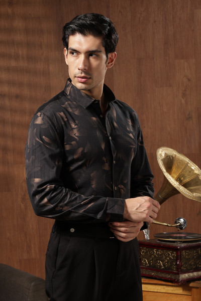Image of The 60s Satin Floral Shirt – Black with Gold