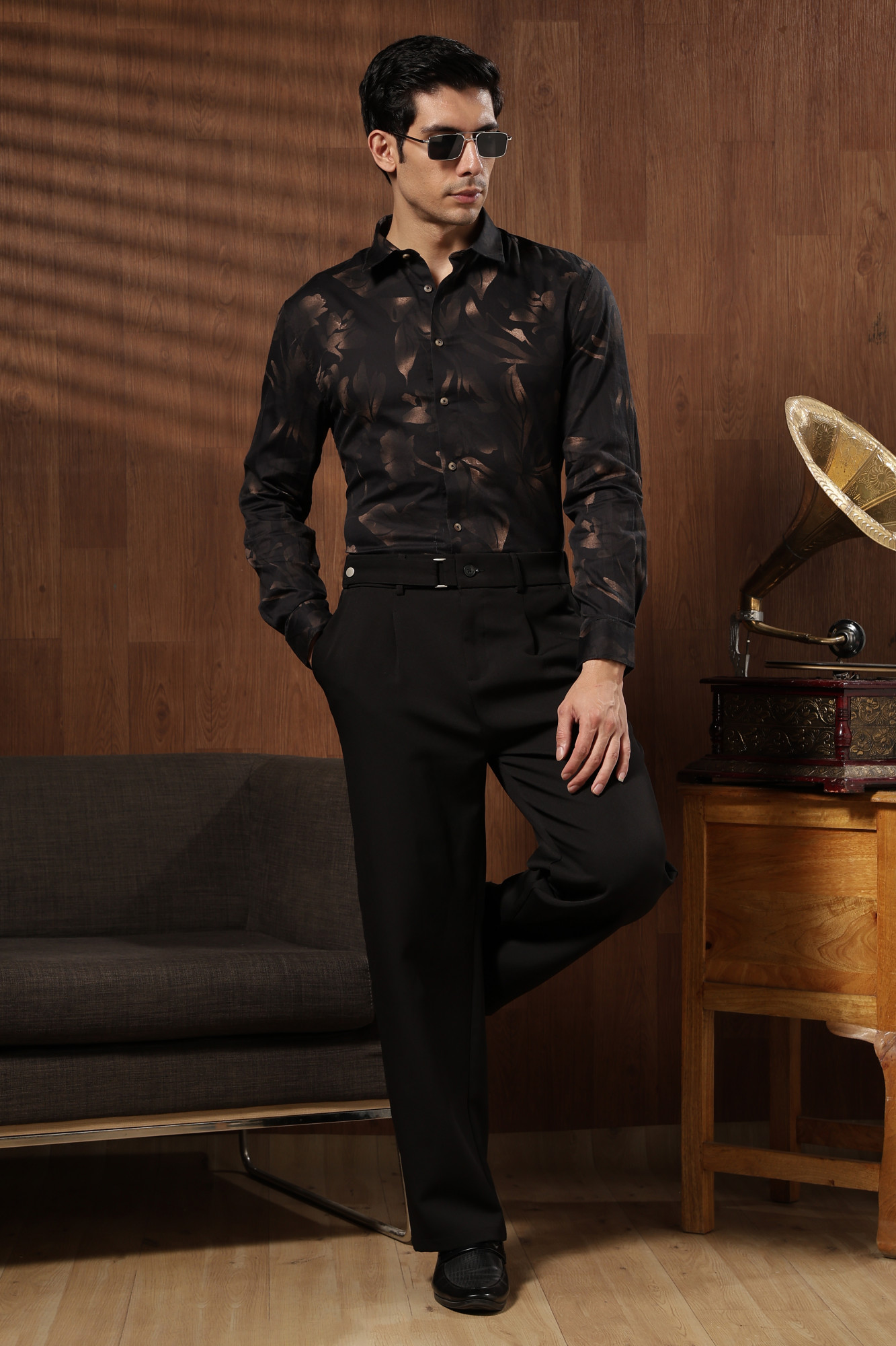 The 60s Satin Floral Shirt  Black with Gold