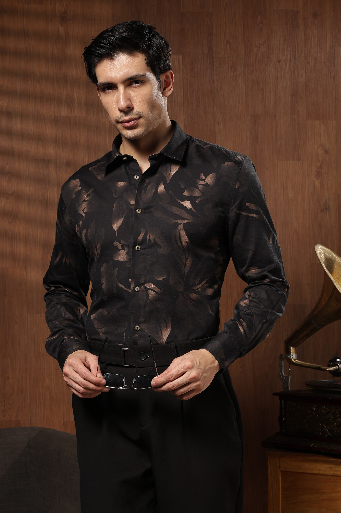 The 60s Satin Floral Shirt  Black with Gold