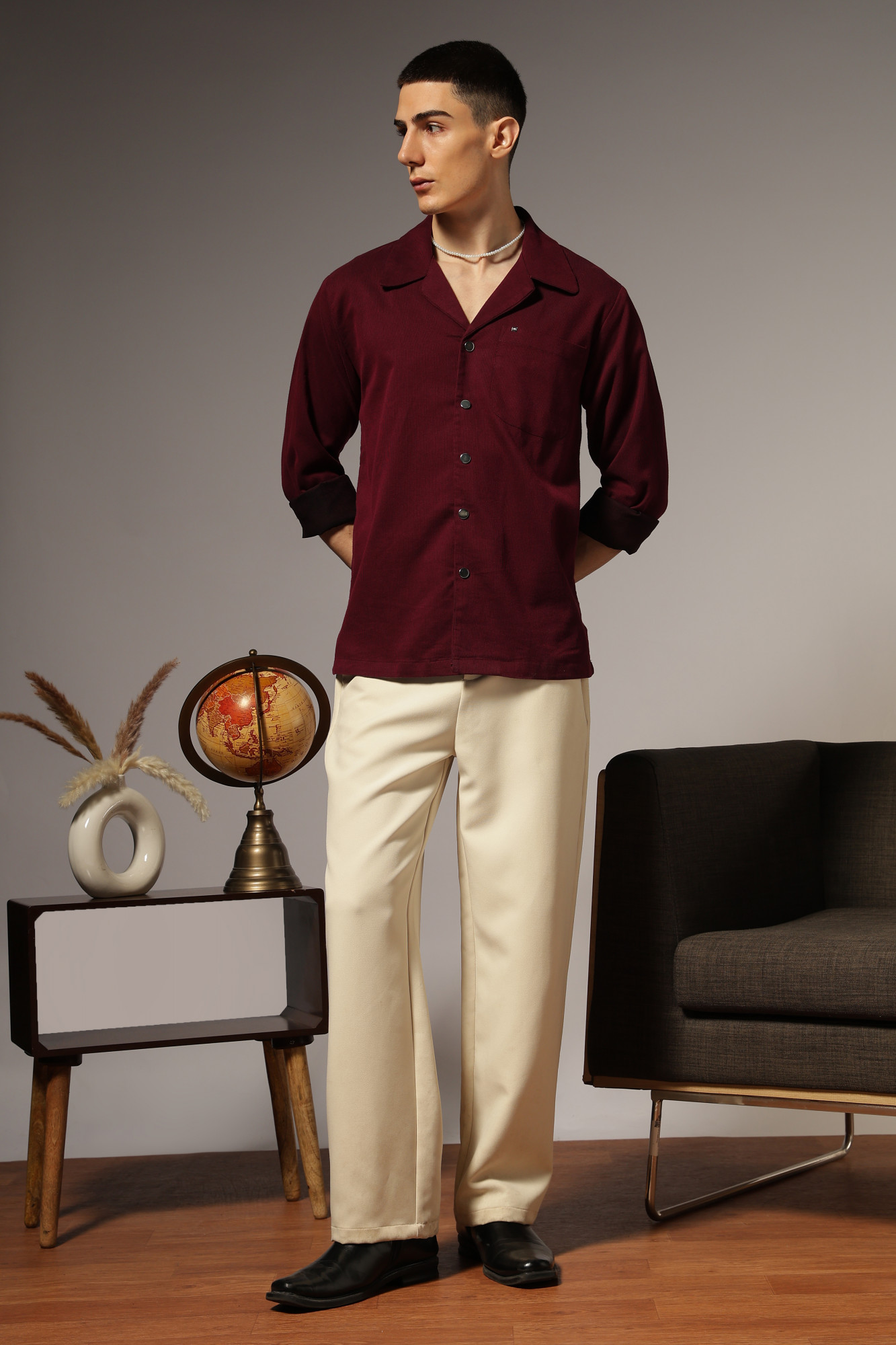 Corduroy Open Collar Shirt  maroon