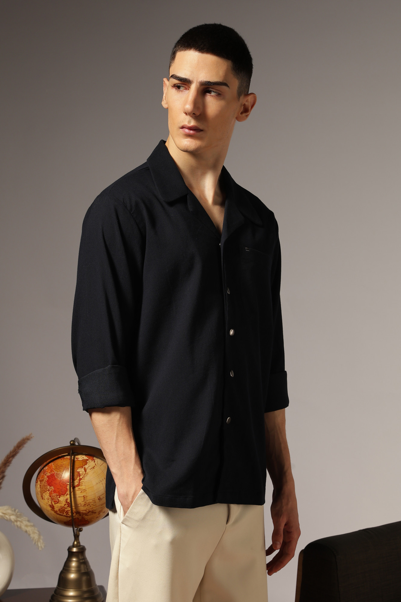 Corduroy Open Collar Shirt Blue