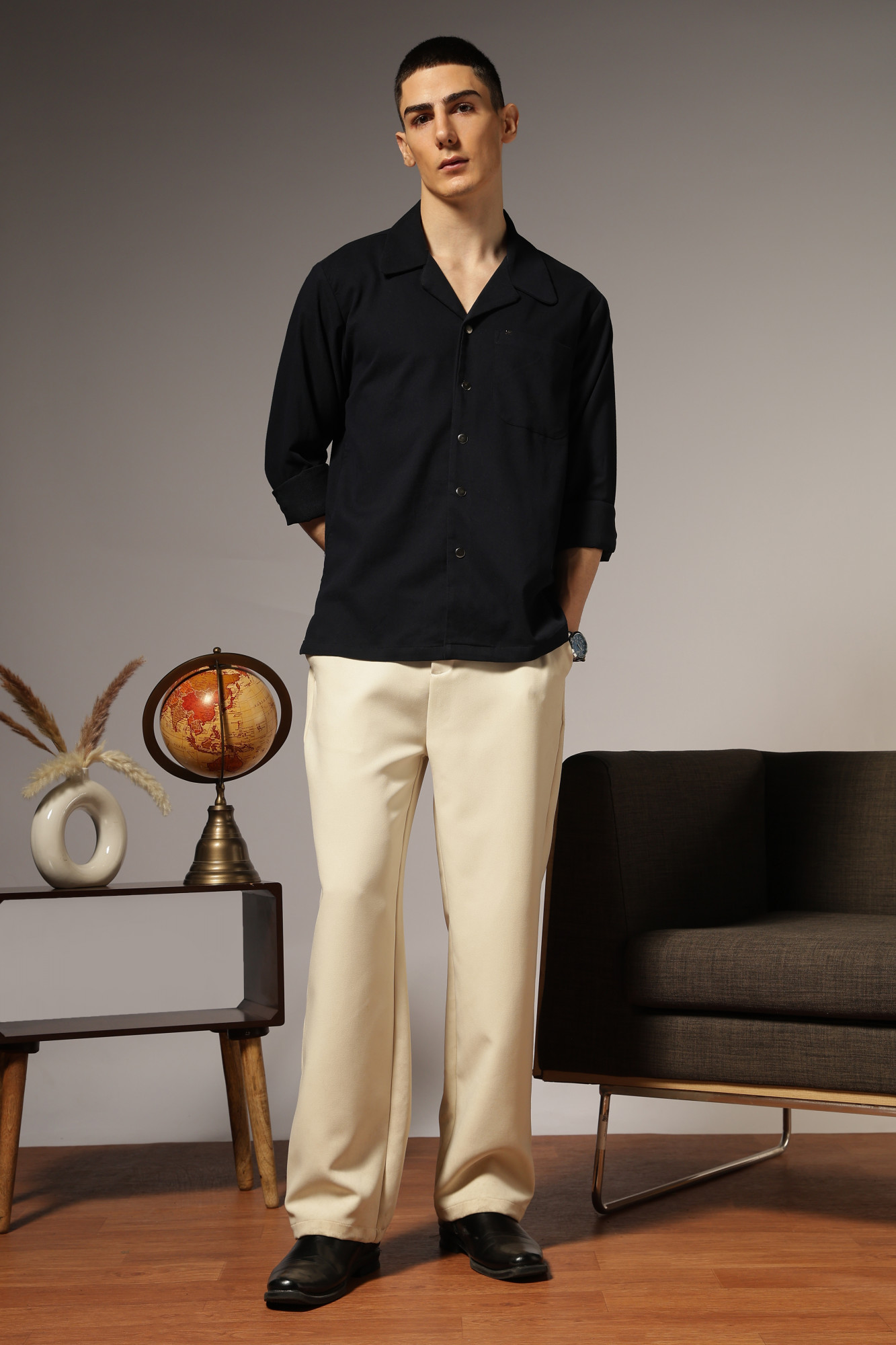 Corduroy Open Collar Shirt Blue