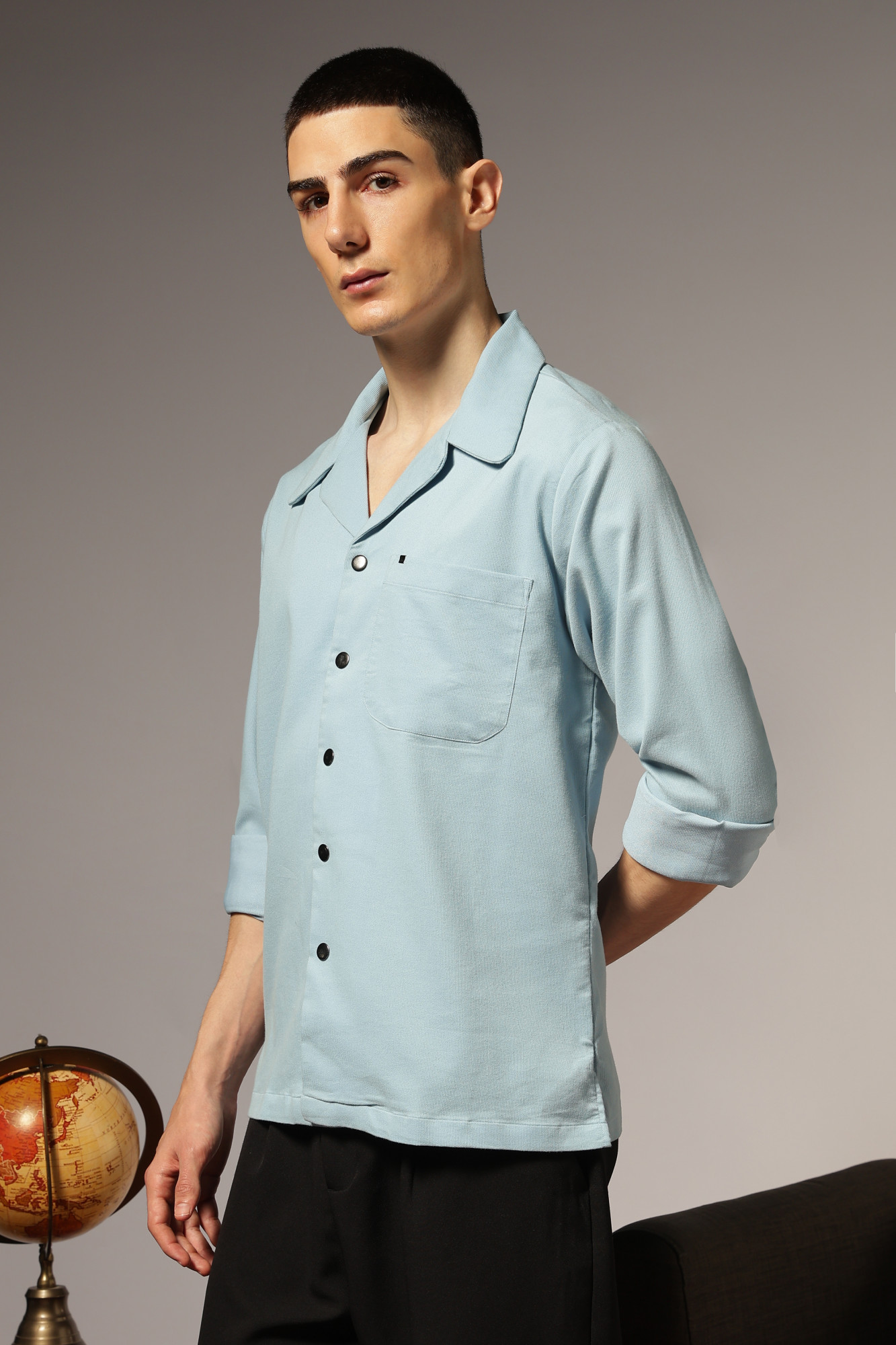 Corduroy Open Collar Shirt Sky Blue