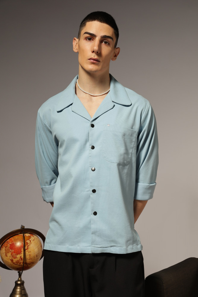 Image of Corduroy Open Collar Shirt — Sky Blue