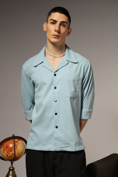 Image of Corduroy Open Collar Shirt — Sky Blue