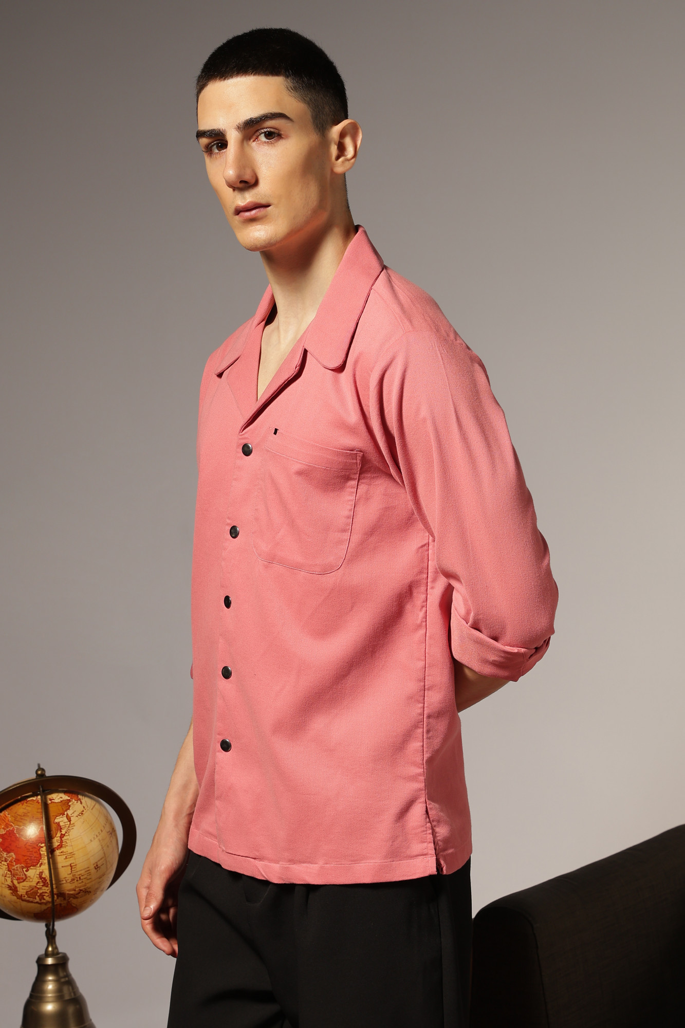 Corduroy Open Collar Shirt  Pink