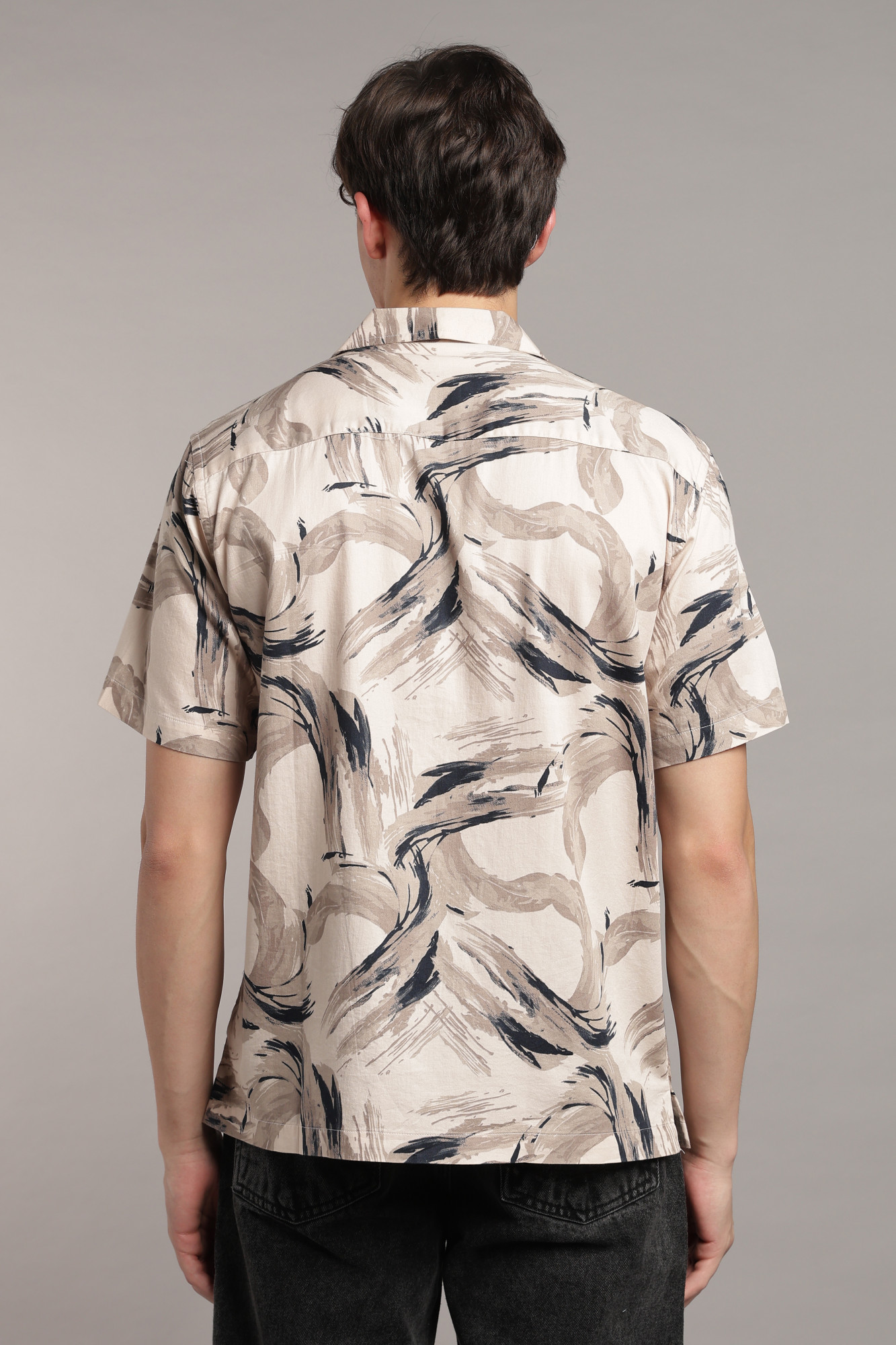The 60s Satin Art Print Shirt Ivory Taupe