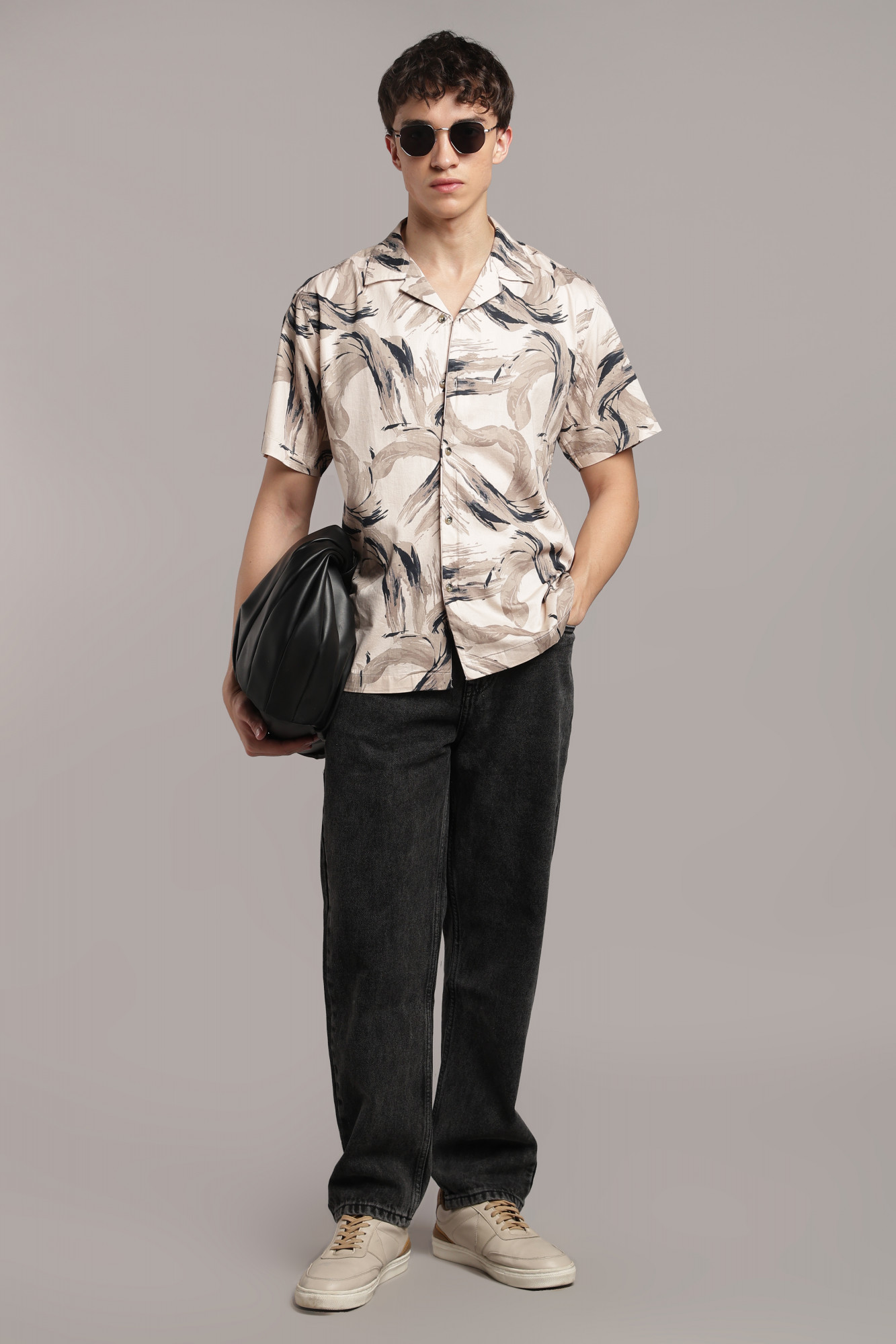 The 60s Satin Art Print Shirt  Ivory  Taupe