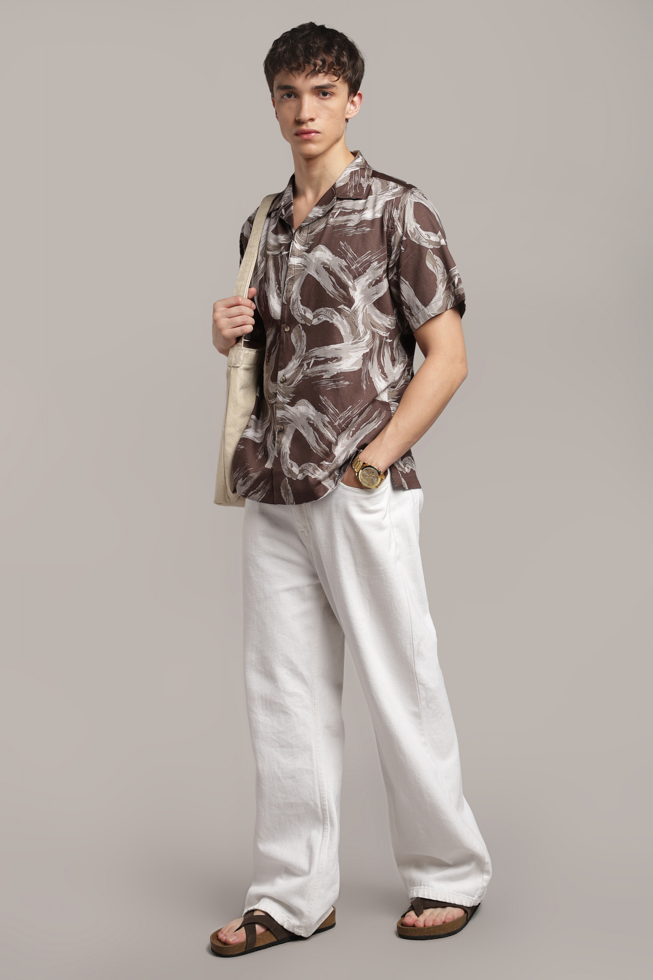The 60s Satin Art Print Shirt  Brown  Ivory