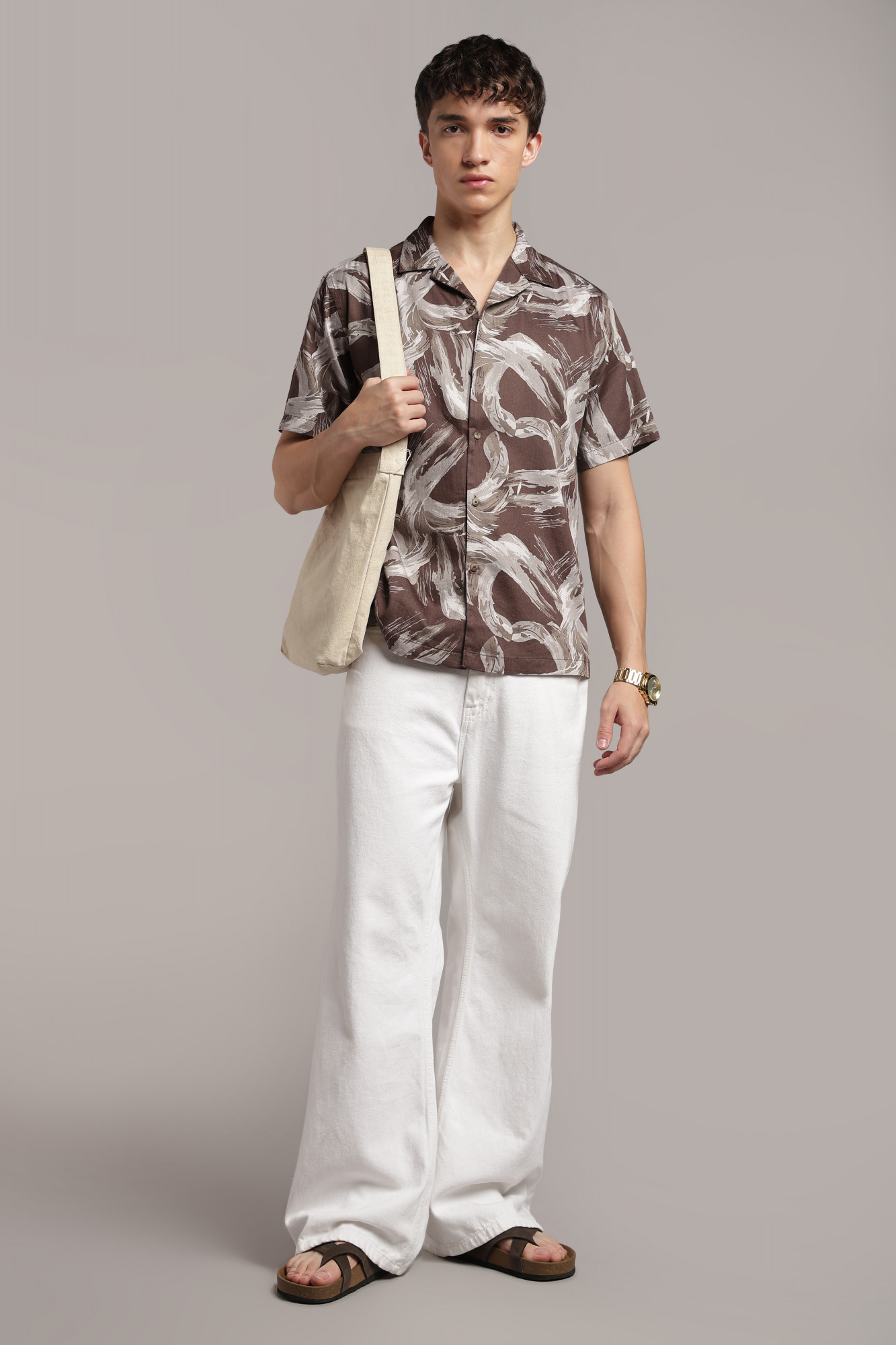 The 60s Satin Art Print Shirt  Brown  Ivory