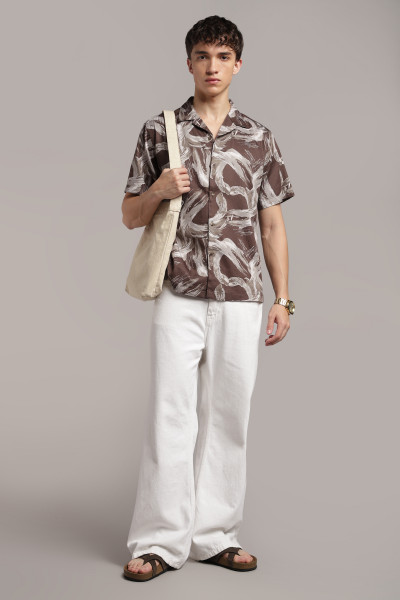 Image of The 60s Satin Art Print Shirt – Brown &amp; Ivory