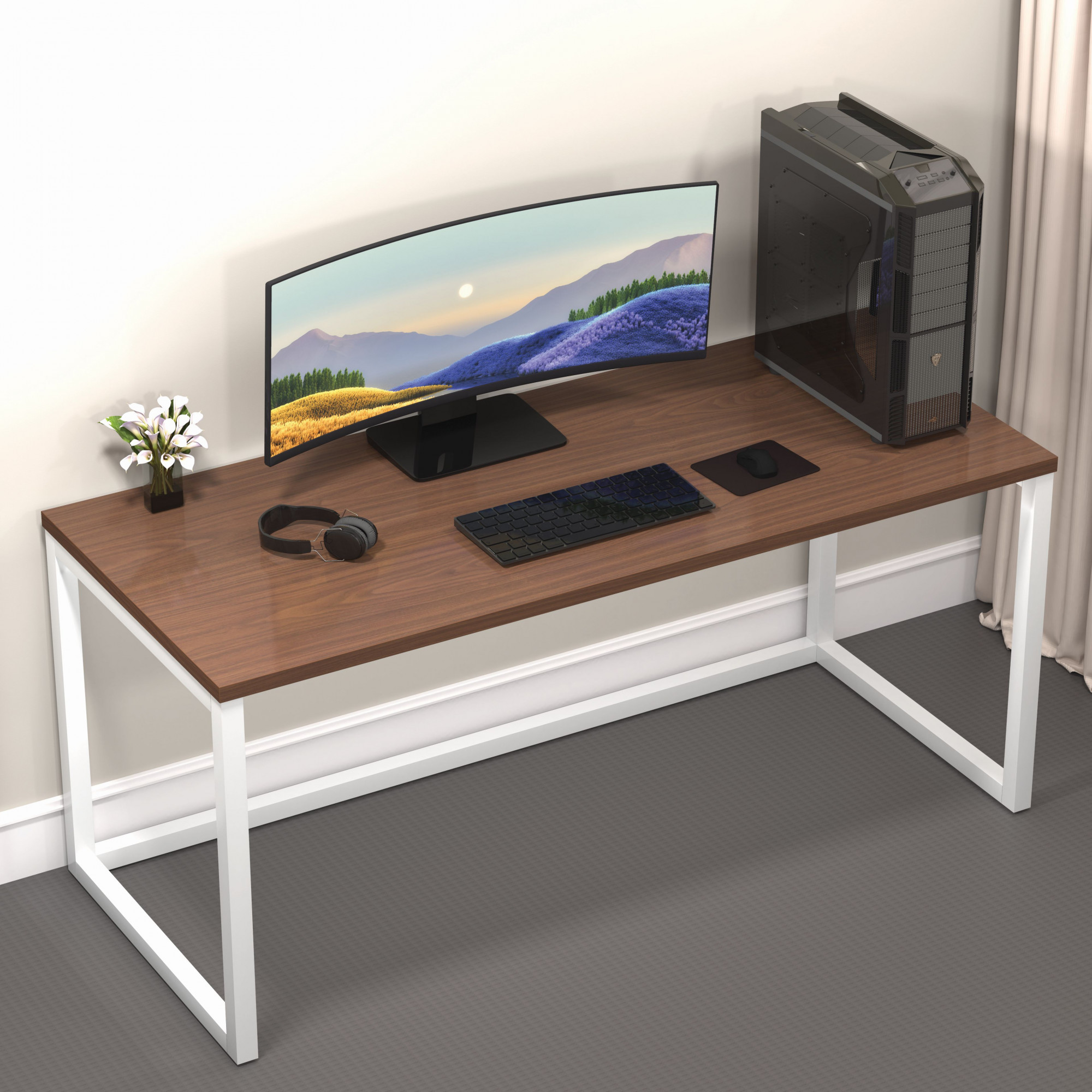 Lizon Metal Wood Computer Table for Home Office Modern Study Desk American Oak Top White Finish 61L x 122W x 73H Centimeters 1 Year Warranty