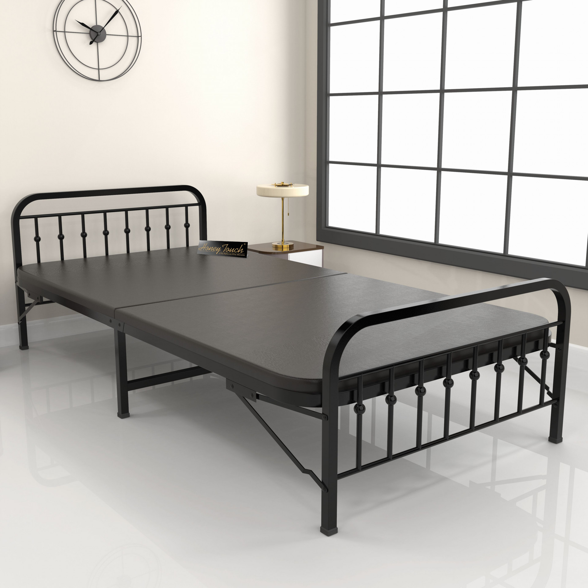 Nova Foldable Single Metal Bed - Glossy Black Finish 3ft x 6ft Without Mattress Single Layer Double Layer Triple Layer Foam Mattress