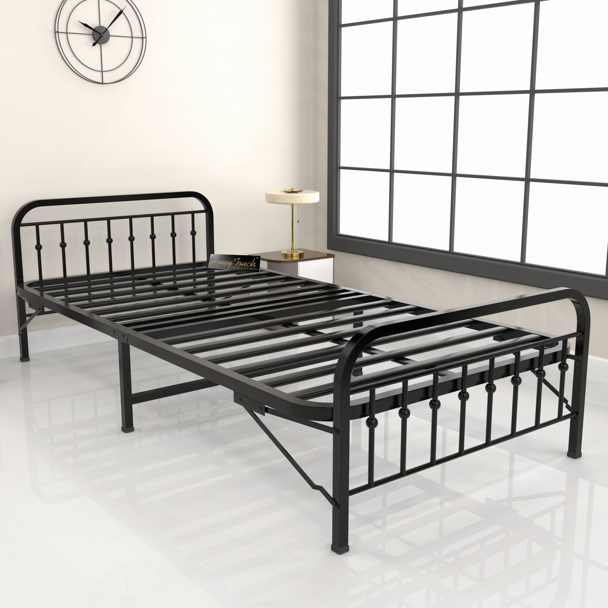 Nova Foldable Single Metal Bed - Glossy Black Finish 3ft x 6ft Without Mattress Single Layer Double Layer Triple Layer Foam Mattress